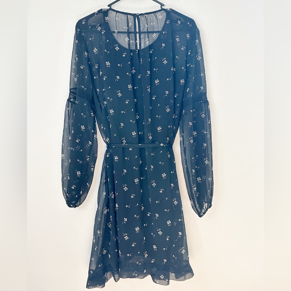 Abercrombie and Fitch Sheer Floral Waist Tie Long Sleeve Dress with Slip size XL